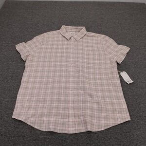 Mutual Weave Shirt Mens 2XL Beige Plaid Linen Cotton Short Sleeve Button Up